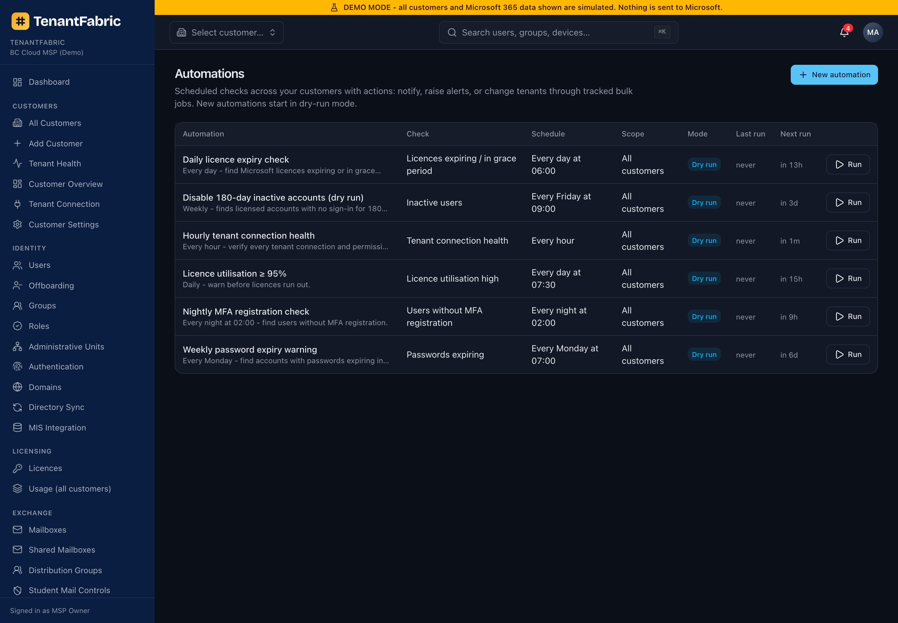 Automations list