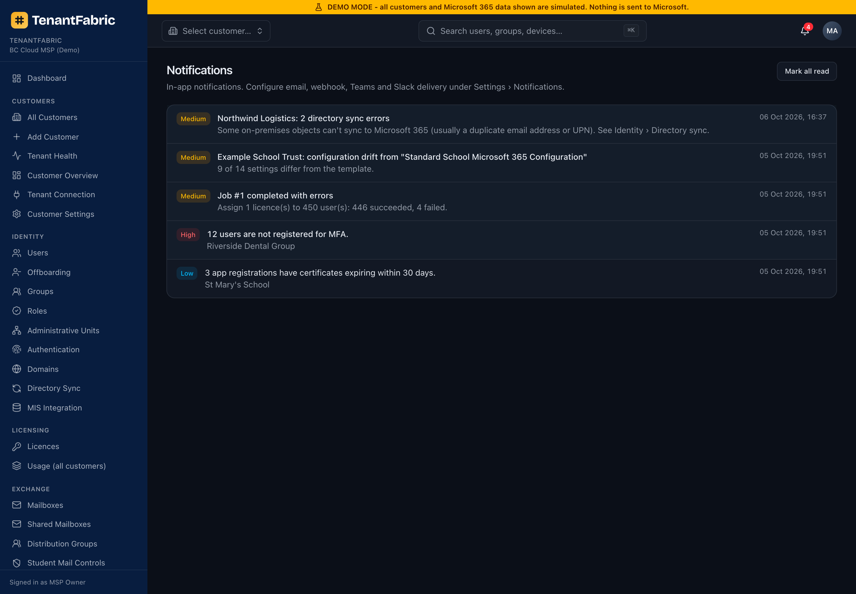Notifications page