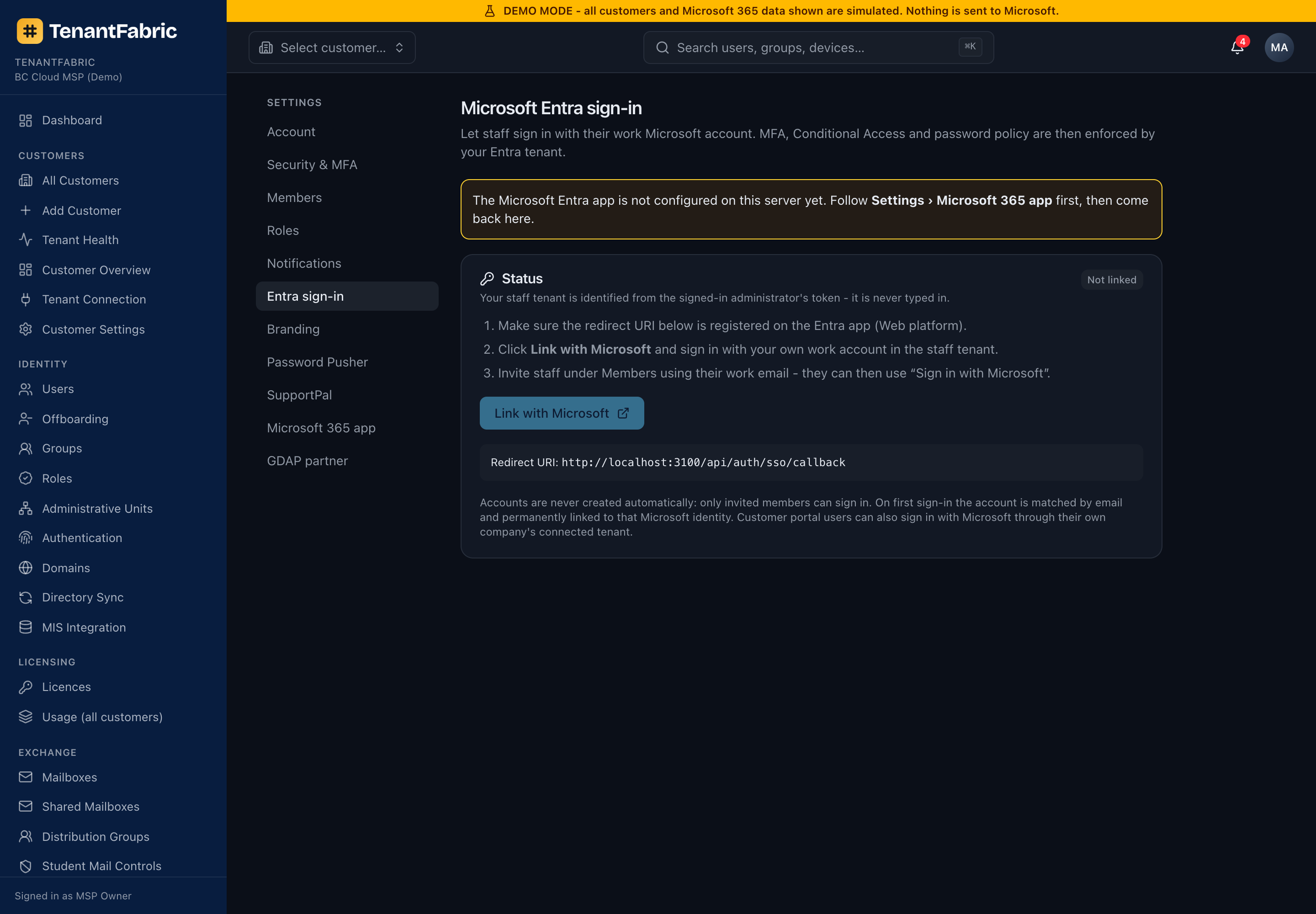 Entra sign-in settings