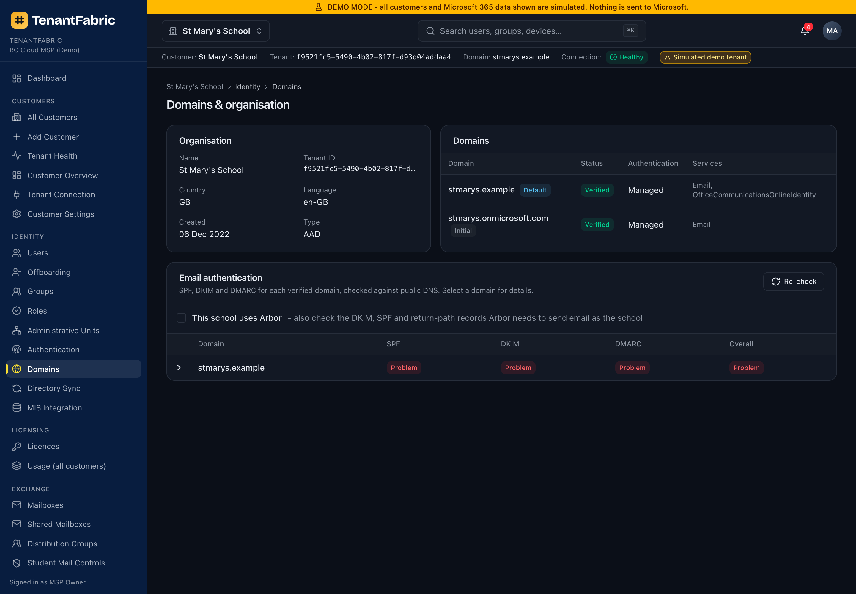 Domains page