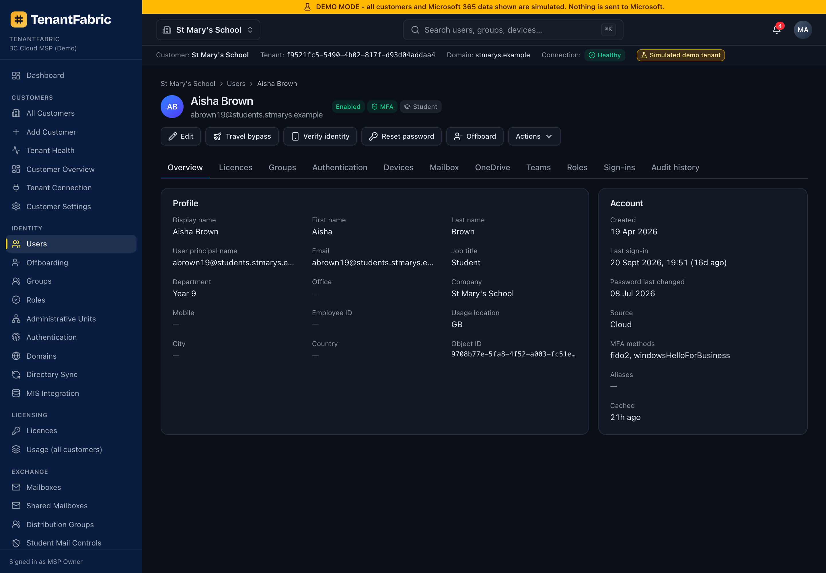 User detail page
